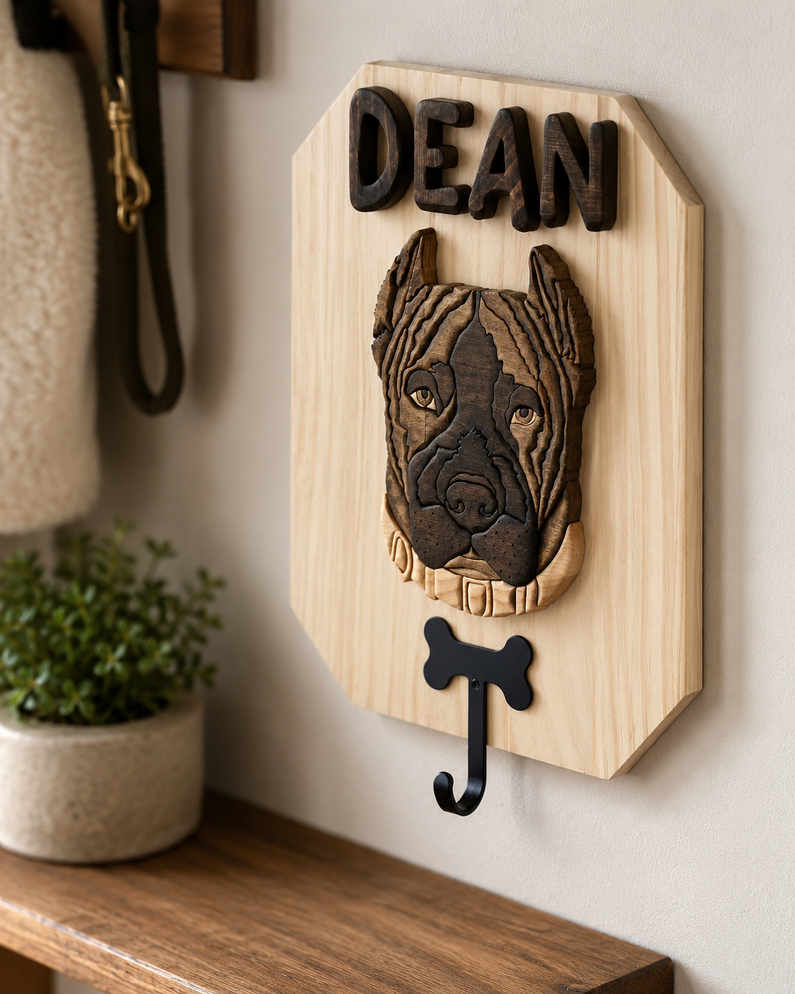 The Pet Legacy Leash Holder | Stained Wood Custom Pet Portrait Hook