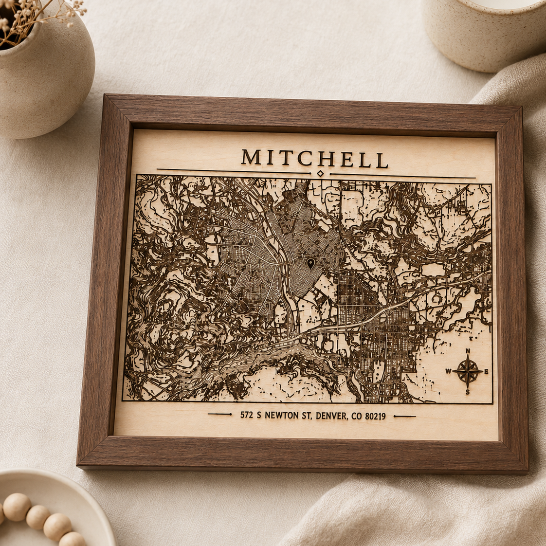 Custom Engraved Topographic Map Sign | Personalized Family Name & Address Wood Wall Art
